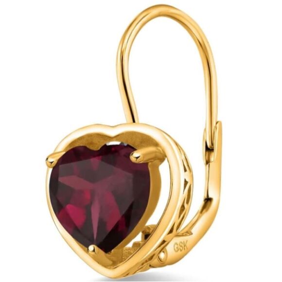 18K Yellow Gold 925 with 3.00 Cttw 7MM Rhodolite Garnet Heart Leverback Earrings - Picture 3 of 5
